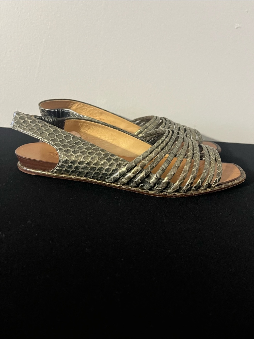 Gucci Bronze Snake Skin Slingback Flat Sandals Sz 37.5